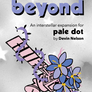 Book cover of 'dots beyond' by Devin Nelson with a satellite and flowers on a pale silver background speckled with white stars.