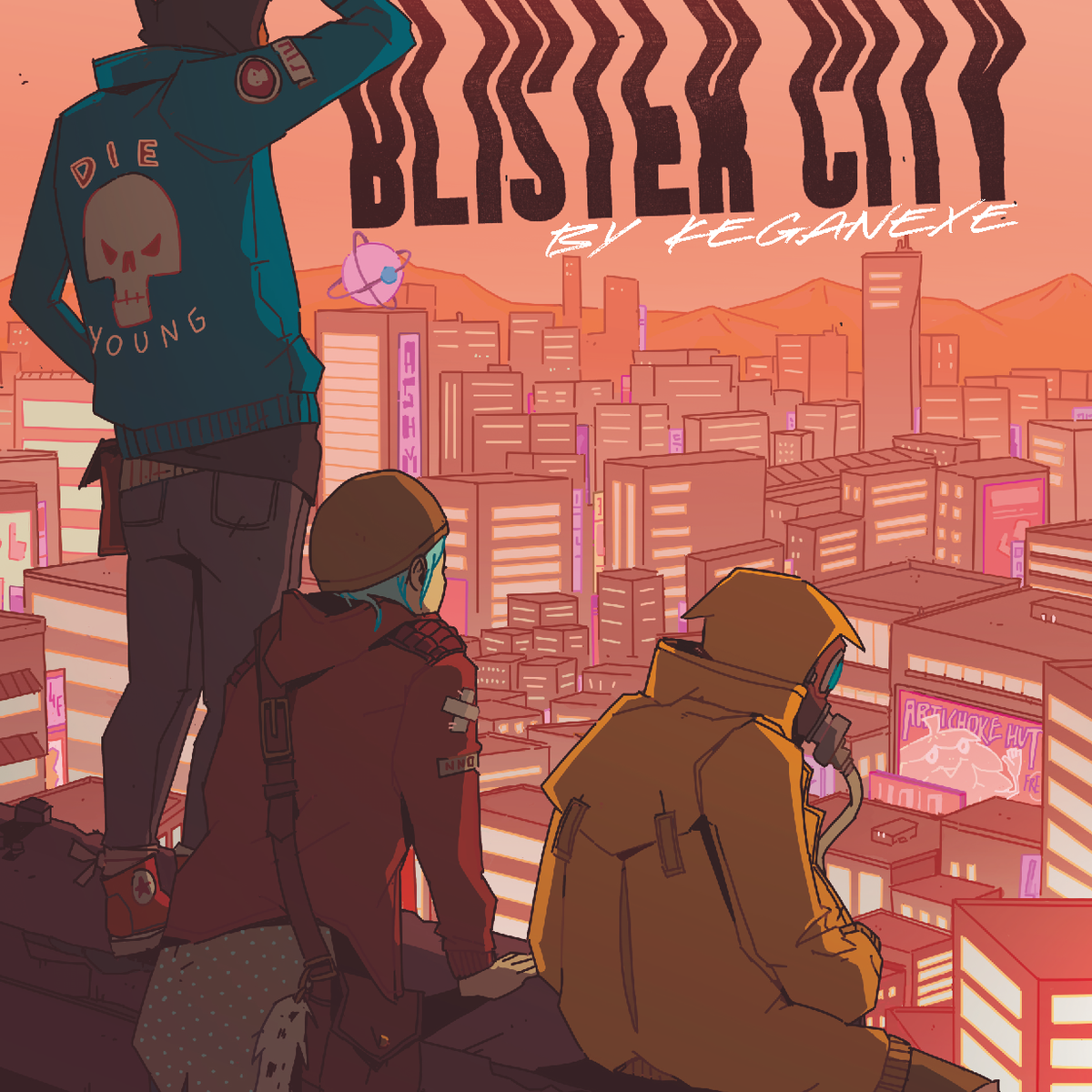 Cover of 'A Visitor's Guide to Blister City' with three characters overlooking a cityscape.