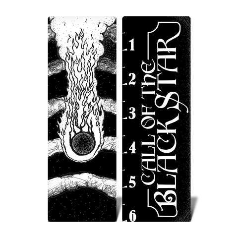 A still image showing both sides of the Call of the Black Star Bookmark, featuring the title log and a 6 inch ruler on one side and the burning descent of the Black Star as it plummets towards earth on the other. 