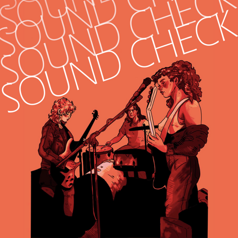 Illustrated cover art featuring three musicians performing on stage against a coral-orange background, with large white outlined text reading 'SOUND CHECK' across the top.