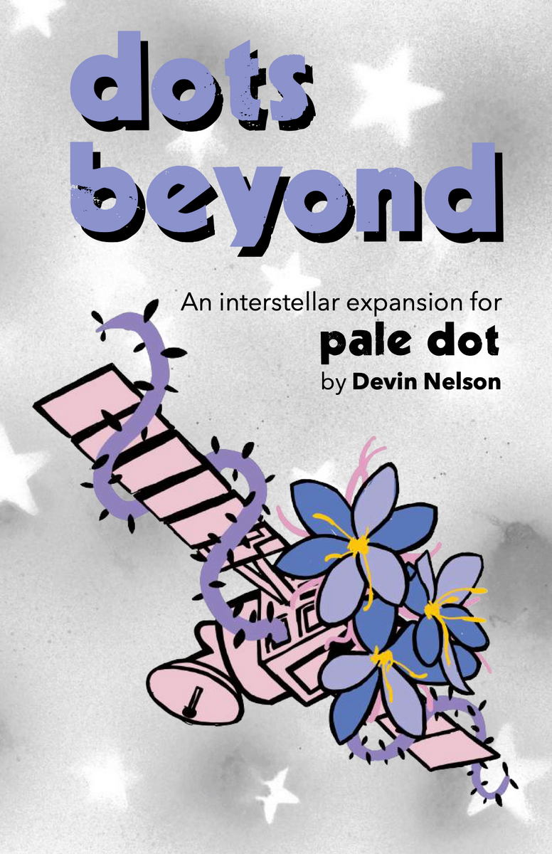 Book cover of 'dots beyond' by Devin Nelson with a satellite and flowers on a pale silver background speckled with white stars.