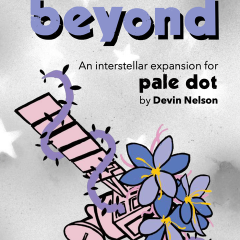 Book cover of 'dots beyond' by Devin Nelson with a satellite and flowers on a pale silver background speckled with white stars.